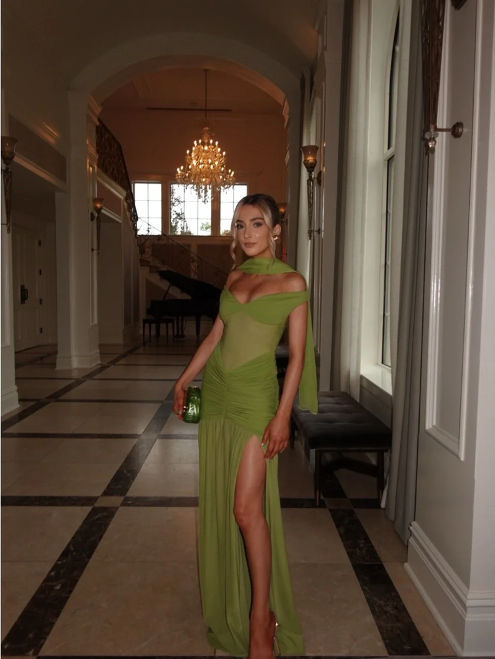 Babyboo Green Off-Shoulder Evening Gown with Scarf/Neck Drape Included - Picture 2 of 3